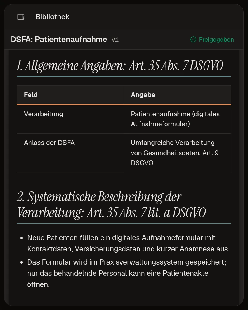 Eine DSFA für die Patientenaufnahme bei der Muster Klinik, mit der Freigabe der Genehmigenden, auf der Compliance-Plattform.