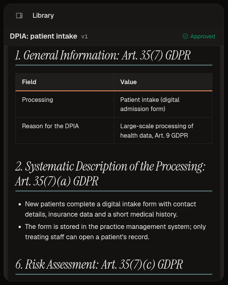 A DPIA for patient intake at Muster Klinik, with the approver's sign-off, on the compliance platform.