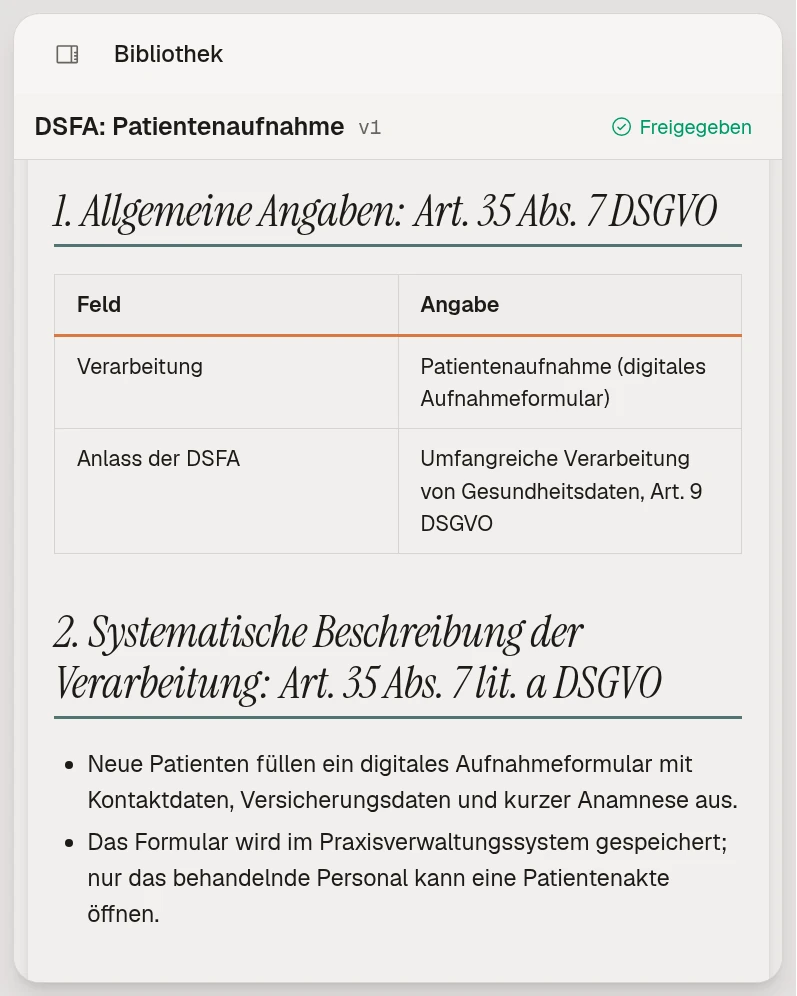 Eine DSFA für die Patientenaufnahme bei der Muster Klinik, mit der Freigabe der Genehmigenden, auf der Compliance-Plattform.