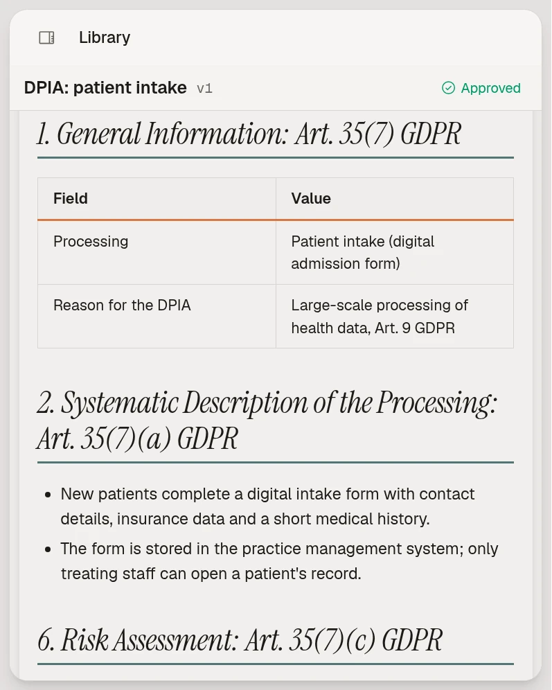 A DPIA for patient intake at Muster Klinik, with the approver's sign-off, on the compliance platform.