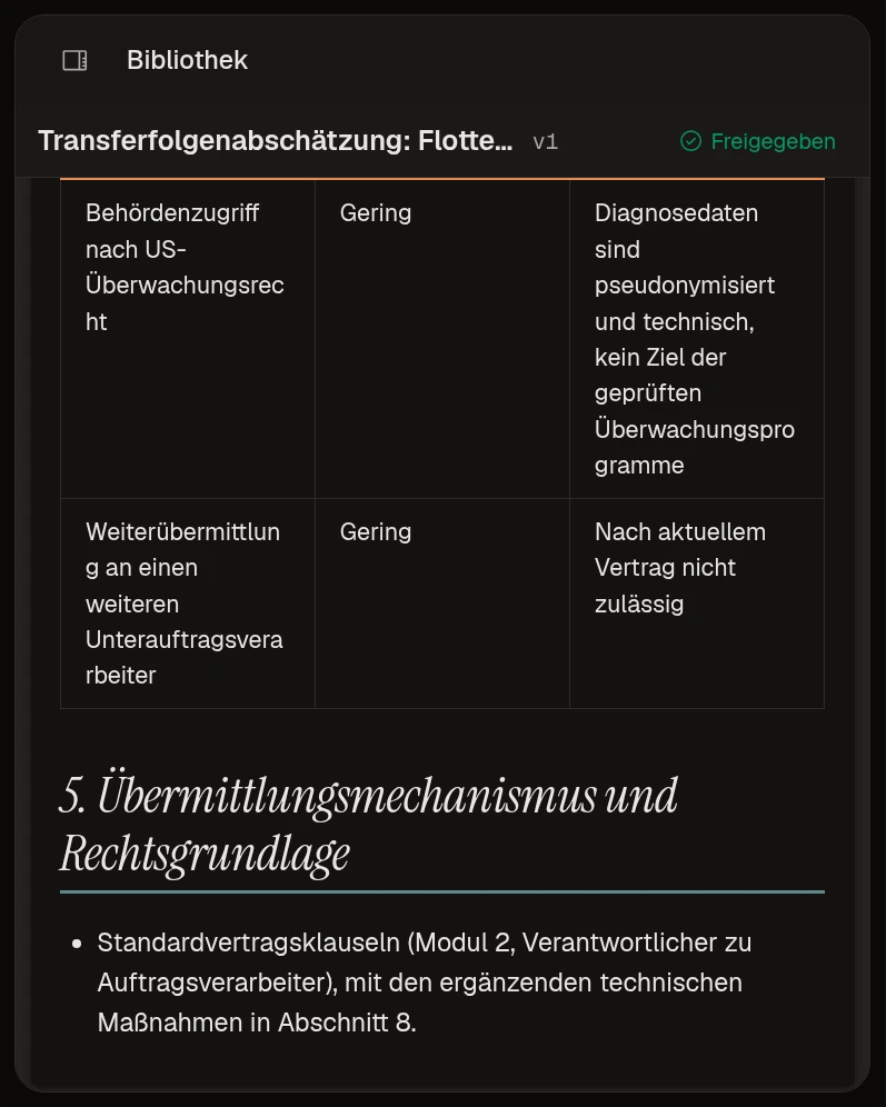 Eine Transfer-Folgenabschätzung für Muster Fahrzeugtechnik mit den Standardvertragsklauseln, Modul 2, auf der Compliance-Plattform.