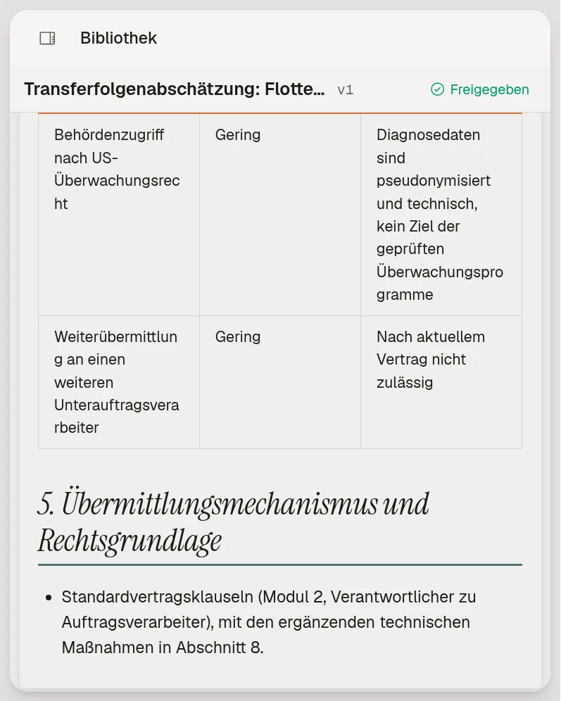 Eine Transfer-Folgenabschätzung für Muster Fahrzeugtechnik mit den Standardvertragsklauseln, Modul 2, auf der Compliance-Plattform.
